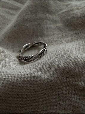 David Yurman Silver Twisted Cable and Smooth Interlink Ring with Pavé size 6